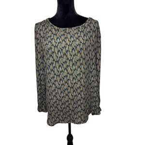 LOFT | Black, Gold & White Patterned Long Sleeve Blouse with Back Tie | Sz L